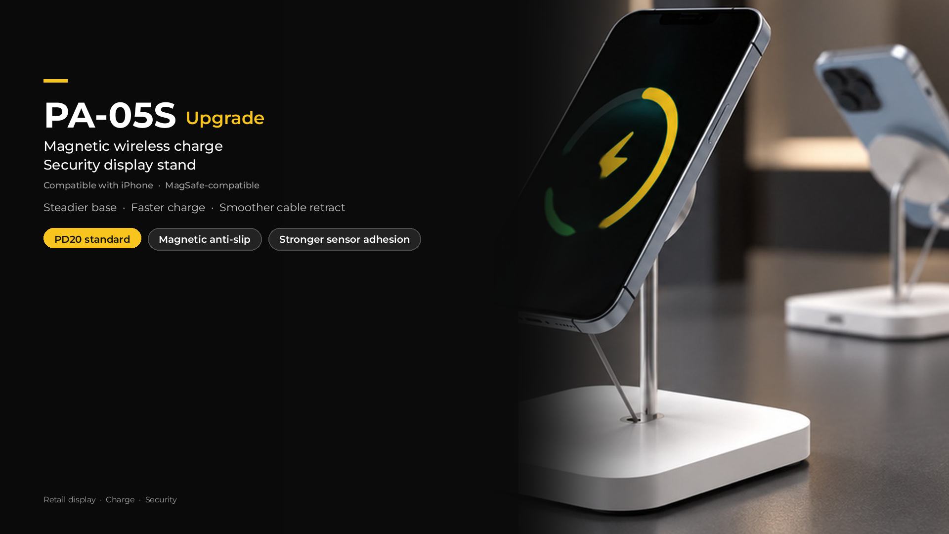 PA-05S magnetic phone security stand with PD20 — MagSafe wireless charging retail display