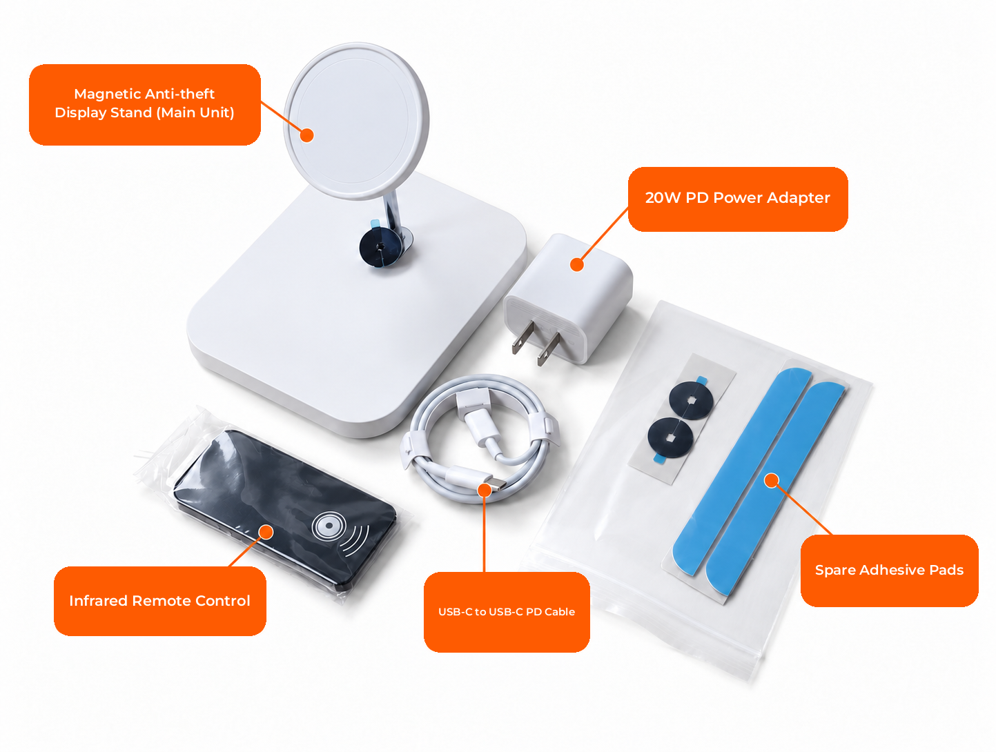 PA-05S typical unboxing: host unit, 20W PD adapter, USB-C cable, IR remote, spare adhesive