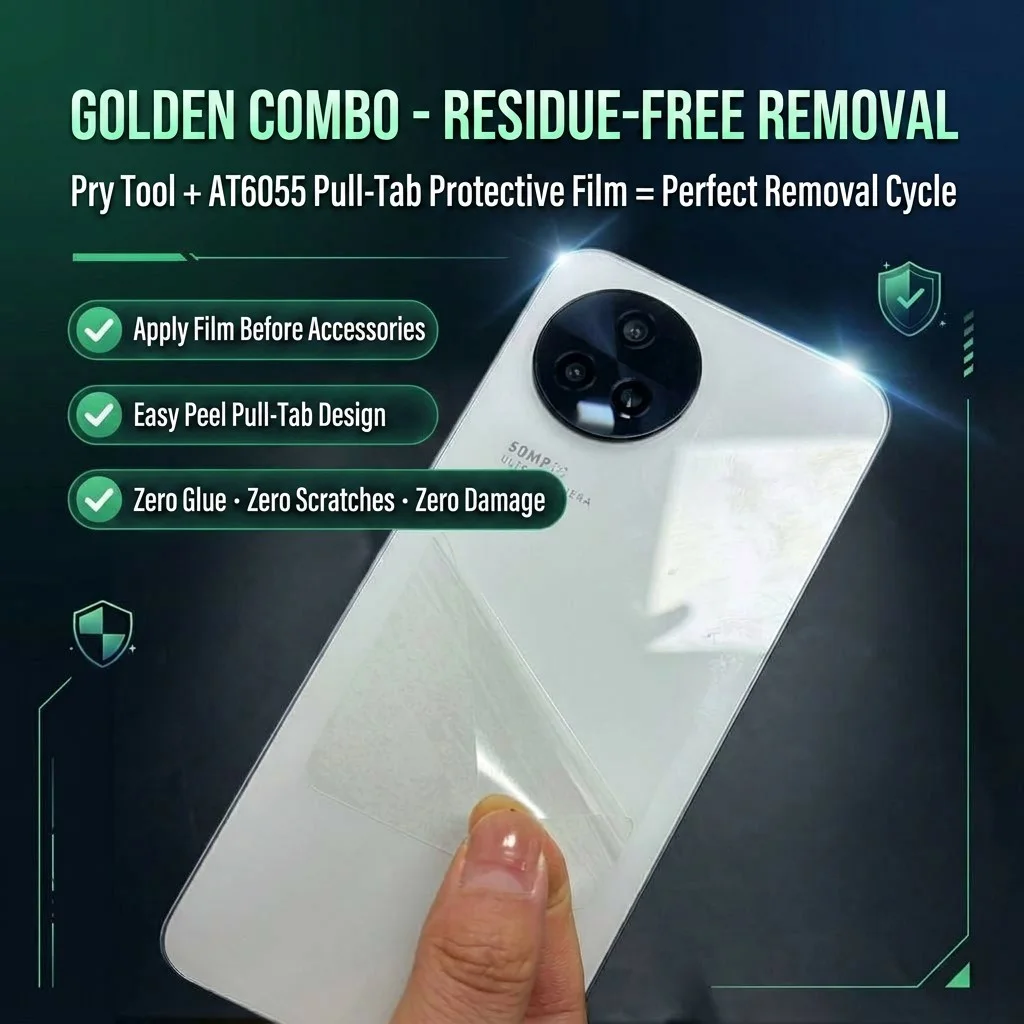 AT6055 pull-tab protective film being removed from a demo smartphone