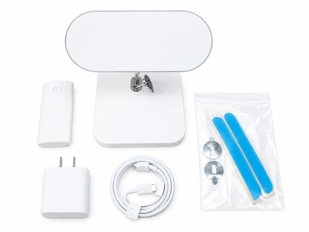 PA-05S_Duo package contents: display stand, 20W PD adapter, K07 IR remote, USB-C cable and mounting accessories
