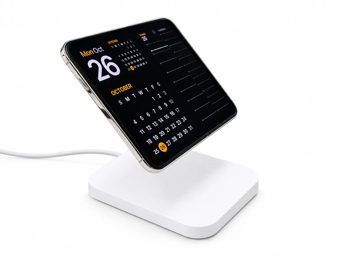 PA-05S_Duo display stand with iPhone Duo in landscape showing a calendar screen