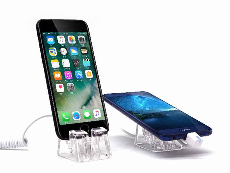 Phone and tablet display holder stand - acrylic and metal bracket for retail showcase merchandising