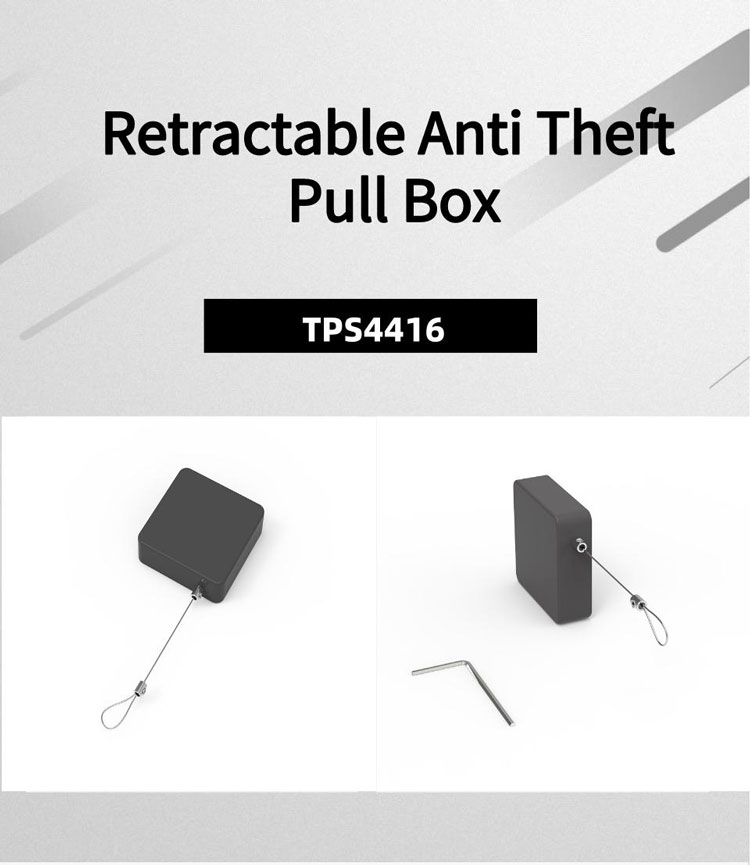 TPS4416 Detail 01 TPS 4416 Retractable Anti Theft Pull Box Security Tether Steel Cable Pull Reel With Lasso